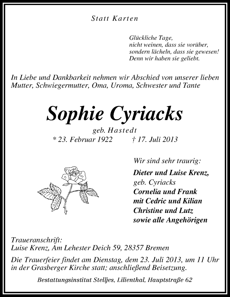 Traueranzeige von Sophie Cyriacks von WESER-KURIER
