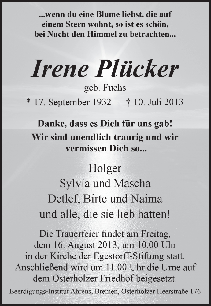Traueranzeige von Irene Plücker von WESER-KURIER