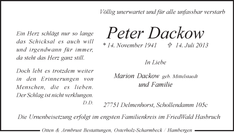 Traueranzeige von Peter Dackow von WESER-KURIER