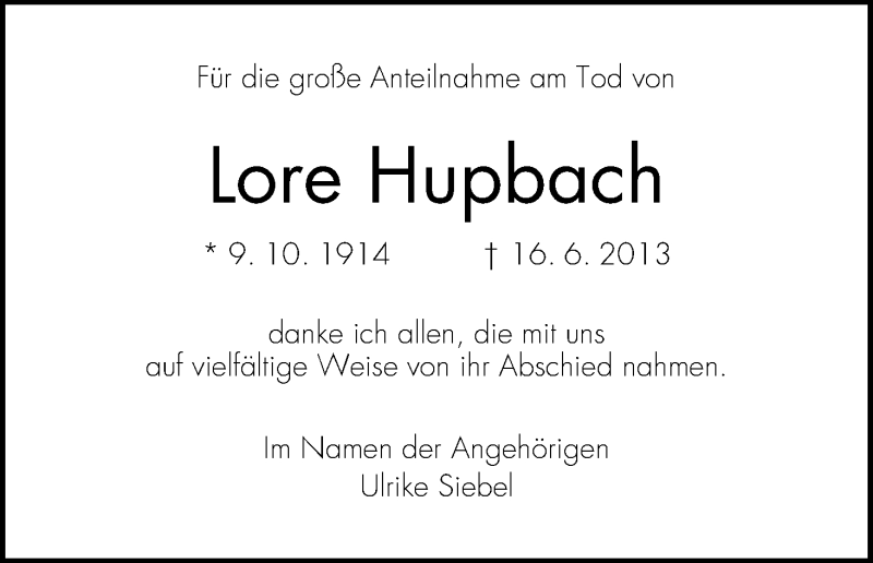Traueranzeige von Lore Hupbach von WESER-KURIER