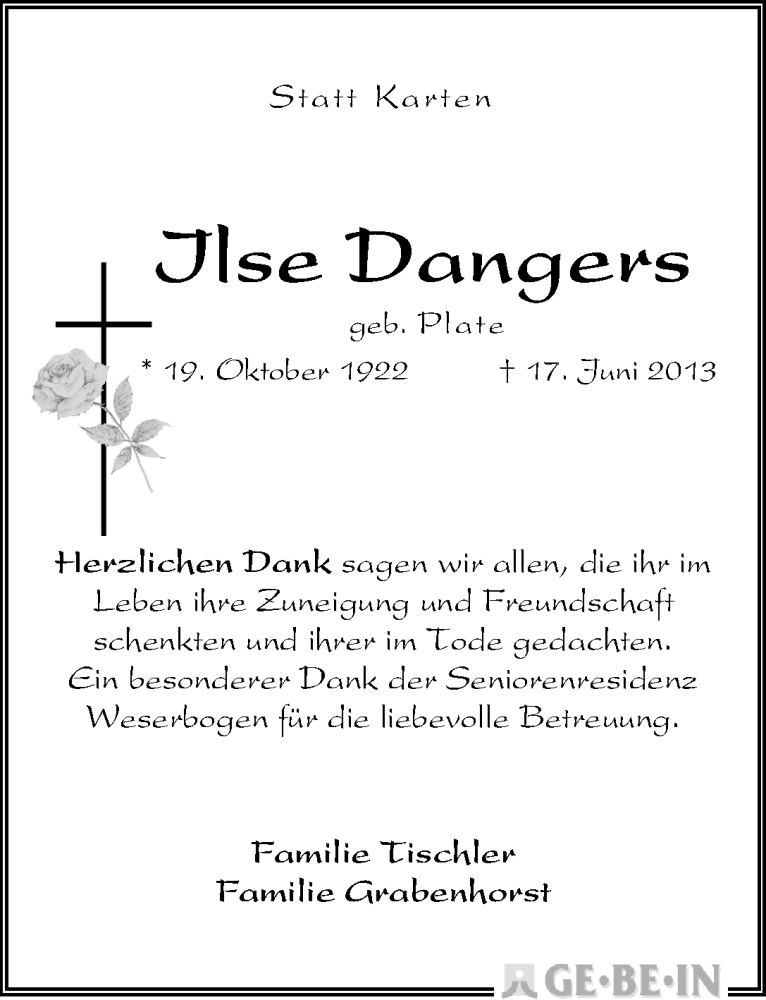 Traueranzeige von Ilse Dangers von WESER-KURIER