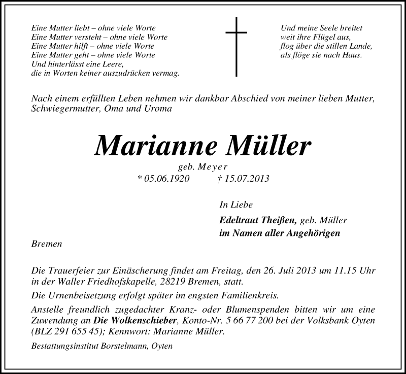 Traueranzeige von Marianne Müller von WESER-KURIER