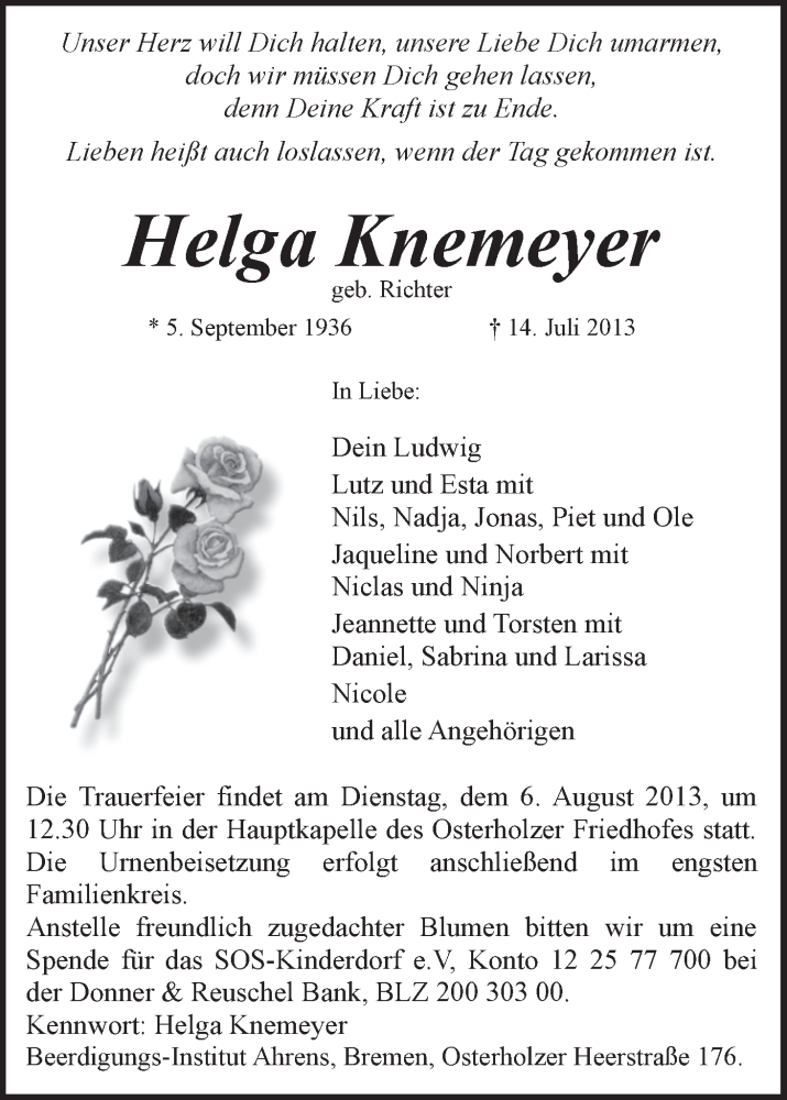 Traueranzeige von Helga Knemeyer von WESER-KURIER