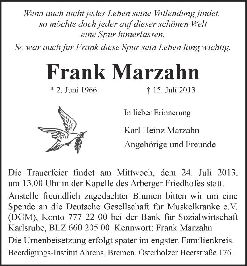 Traueranzeige von Frank Marzahn von WESER-KURIER