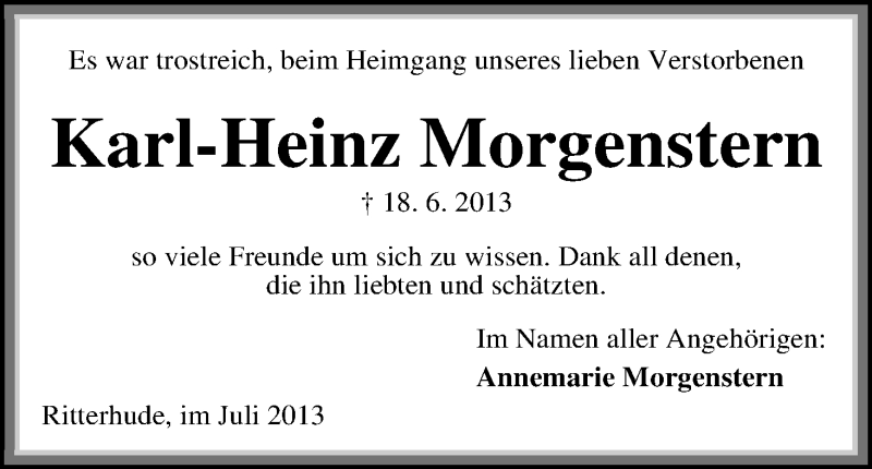 Traueranzeige von Karl-Heinz Morgenstern von WESER-KURIER