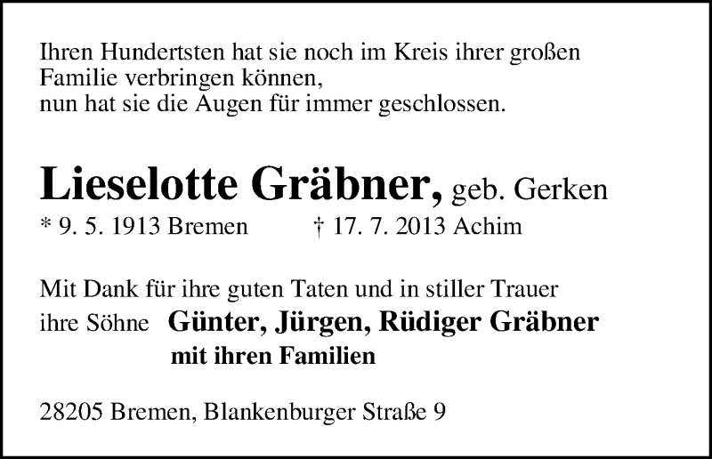 Traueranzeige von Lieselotte Gräbner von WESER-KURIER