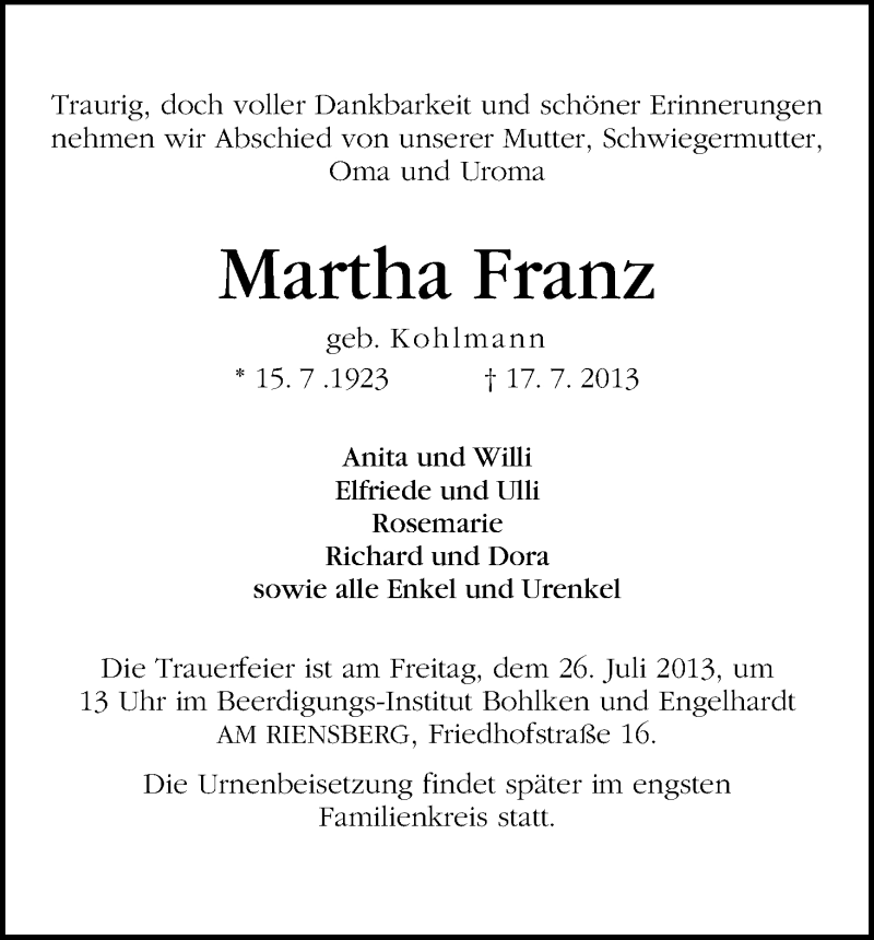 Traueranzeige von Martha Franz von WESER-KURIER