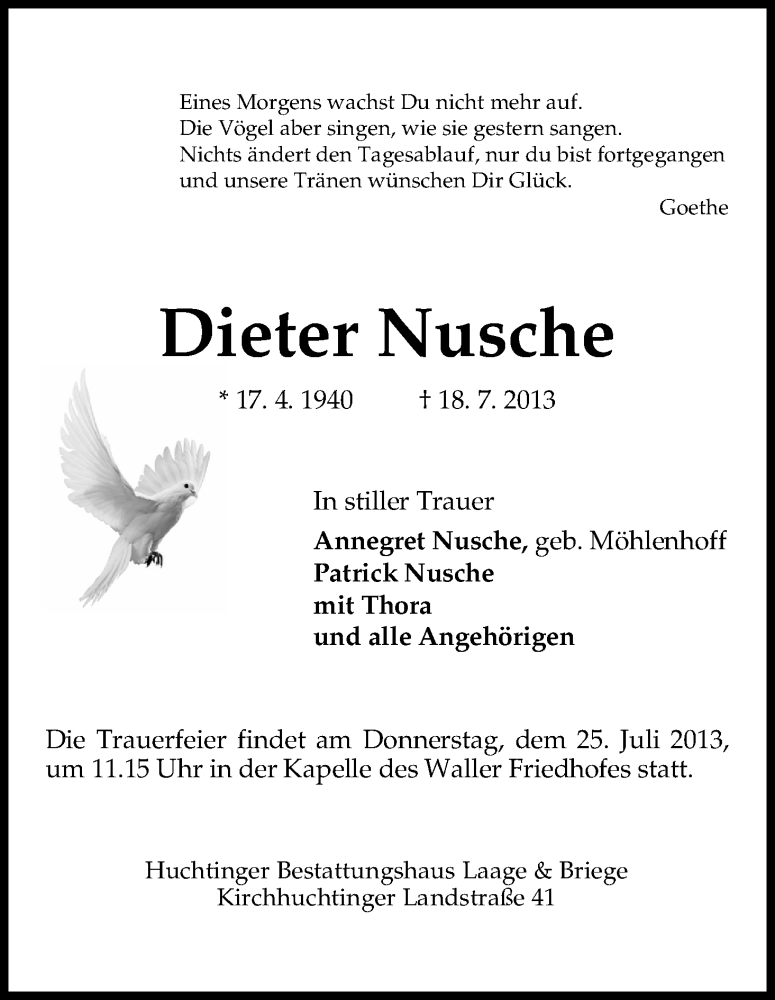 Traueranzeige von Dieter Nusche von WESER-KURIER