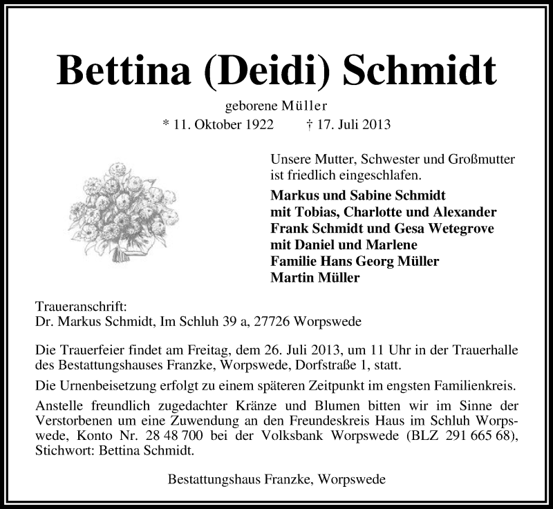 Traueranzeige von Bettina Schmidt von WESER-KURIER