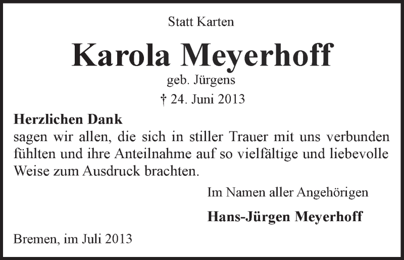 Traueranzeige von Karola Meyerhoff von WESER-KURIER