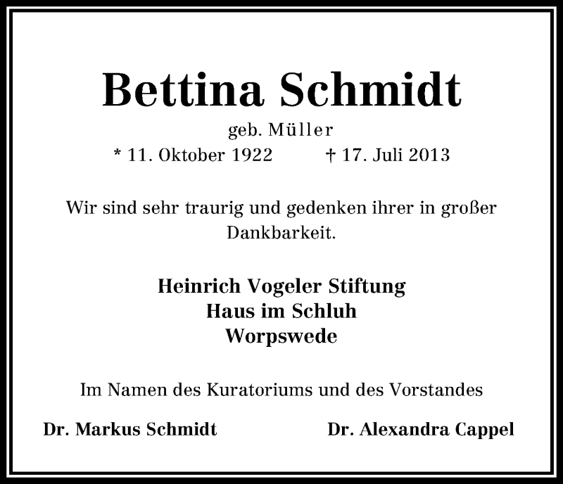 Traueranzeige von Bettina Schmidt von WESER-KURIER