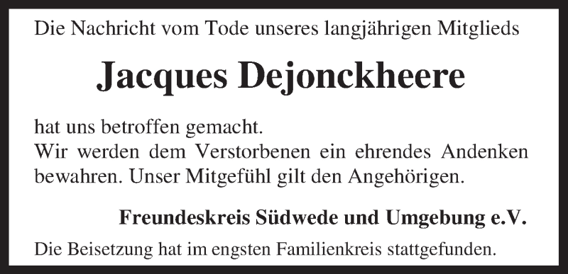 Traueranzeige von Jacques Dejonckheere von WESER-KURIER