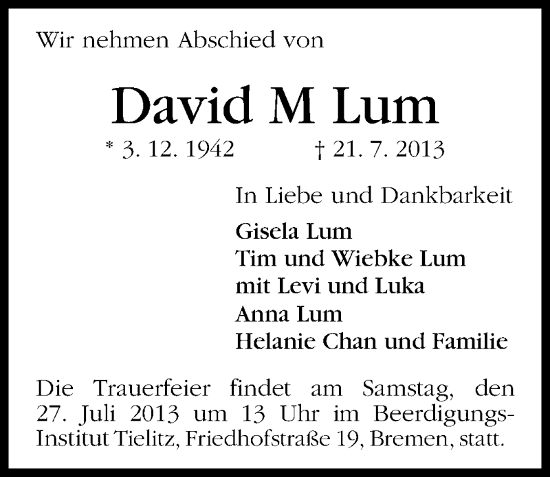Traueranzeige von David M Lum von WESER-KURIER