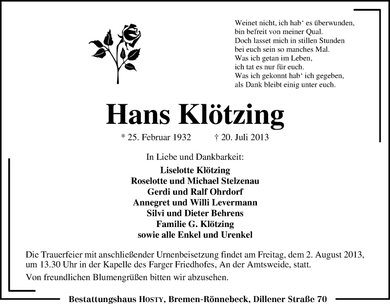 Traueranzeige von Hans Klötzing von WESER-KURIER