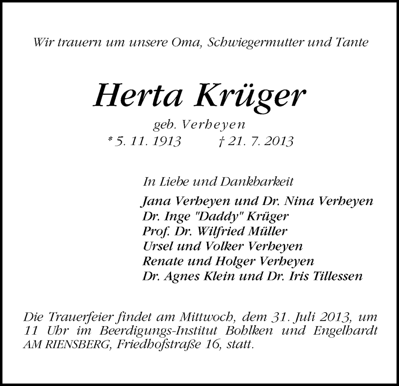 Traueranzeige von Herta Krüger von WESER-KURIER