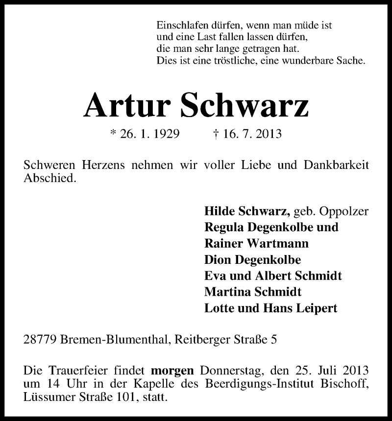 Traueranzeige von Artur Schwarz von WESER-KURIER