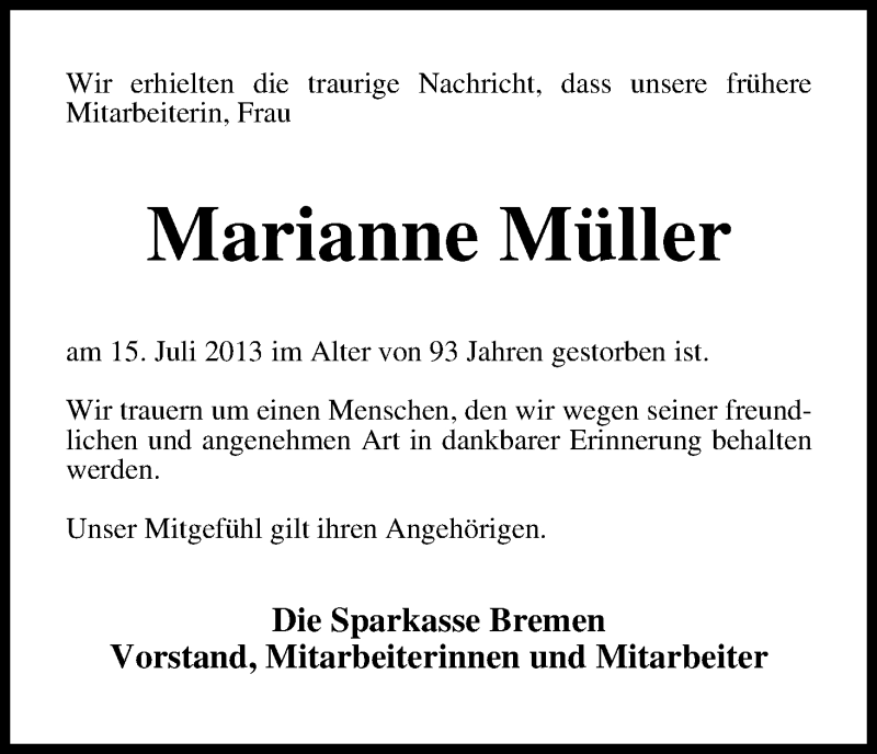 Traueranzeige von Marianne Müller von WESER-KURIER
