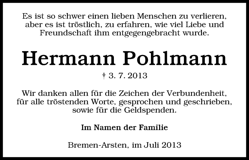 Traueranzeige von Hermann Pohlmann von WESER-KURIER