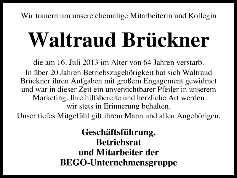 Traueranzeige von Waltraud Brückner von WESER-KURIER