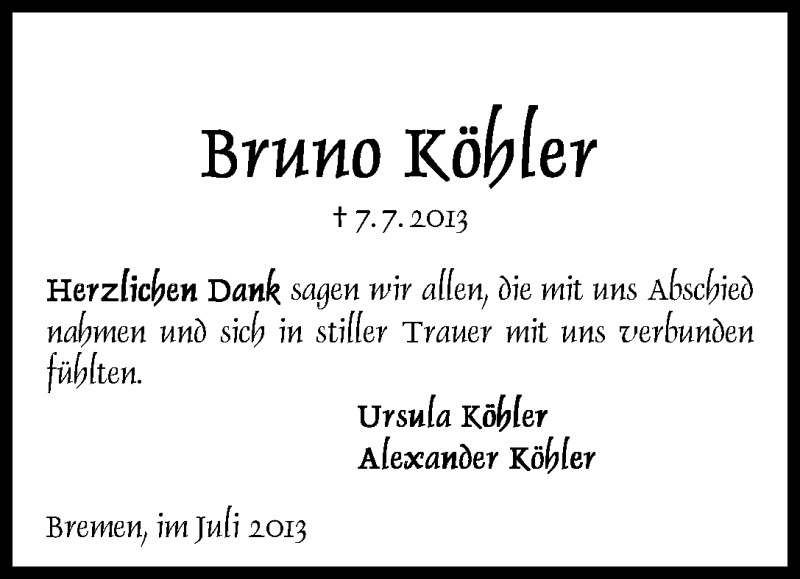 Traueranzeige von Bruno Köhler von WESER-KURIER