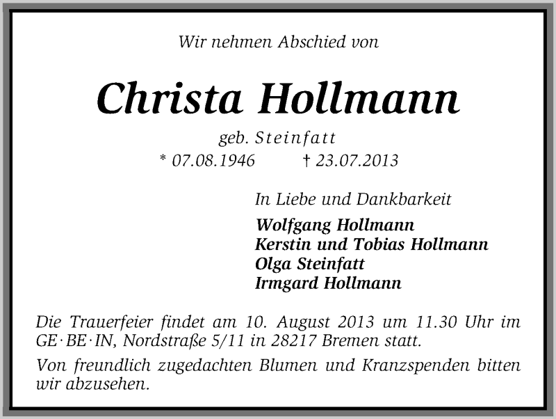 Traueranzeige von Christa Hollmann von WESER-KURIER