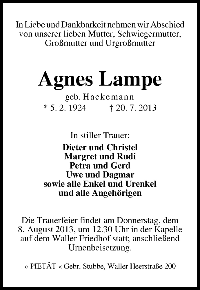 Traueranzeige von Agnes Lampe von WESER-KURIER