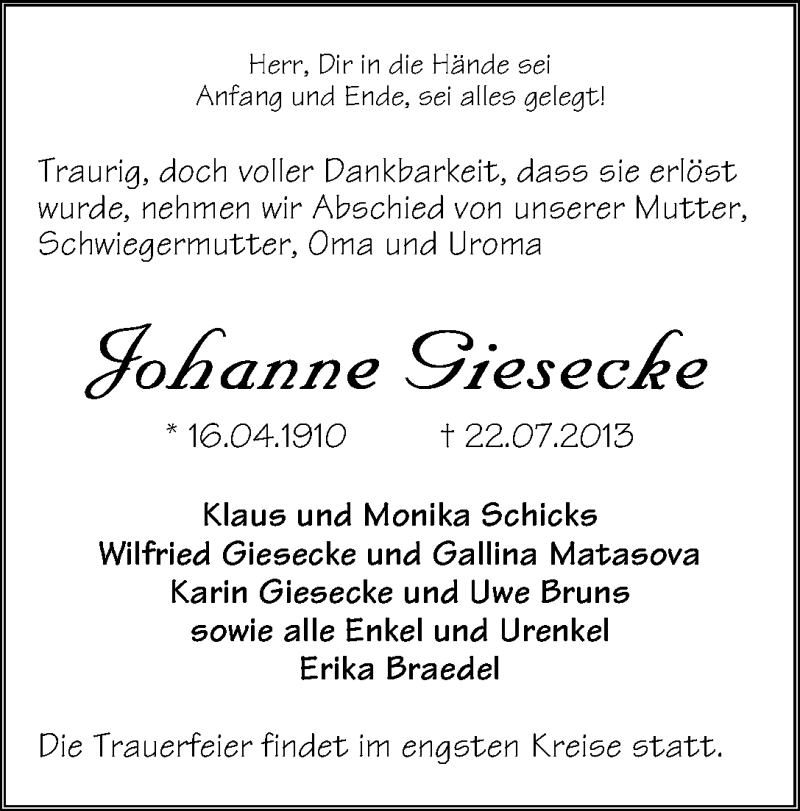 Traueranzeige von Johanne Giesecke von WESER-KURIER