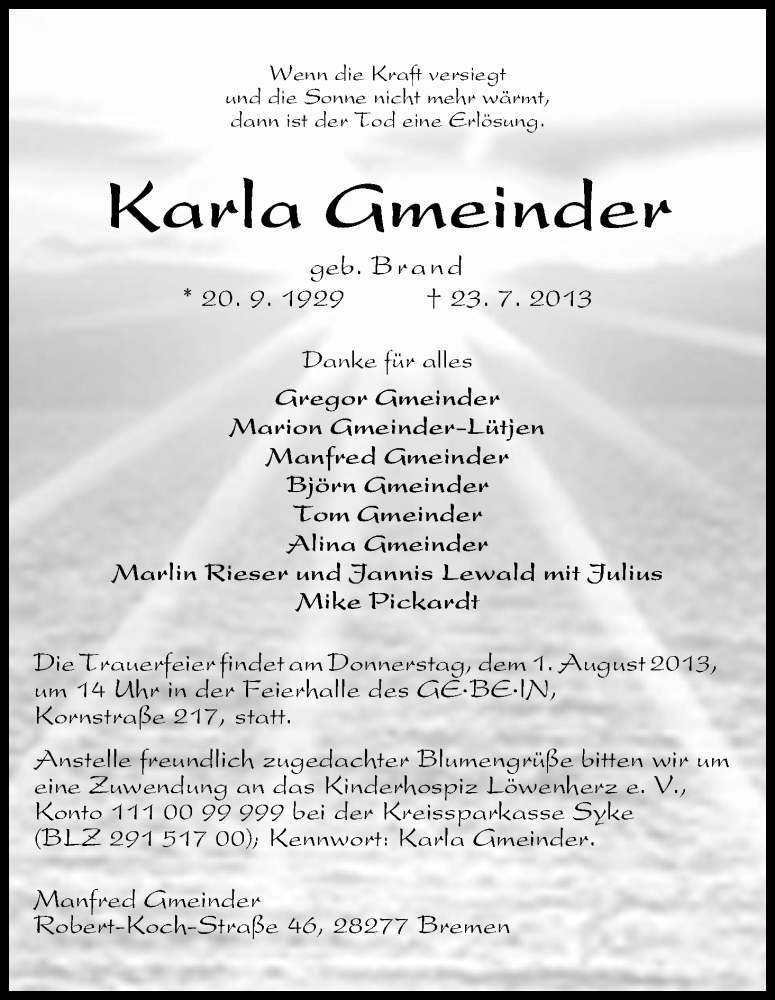 Traueranzeige von Karla Gmeinder von WESER-KURIER