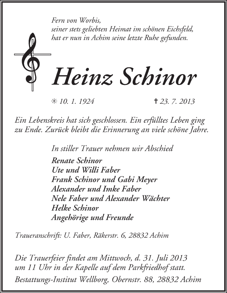 Traueranzeige von Heinz Schinor von WESER-KURIER