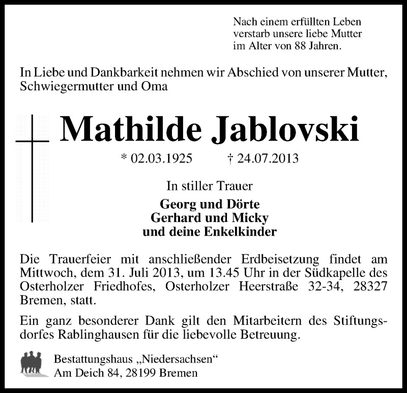 Traueranzeige von Mathilde Jablovski von WESER-KURIER
