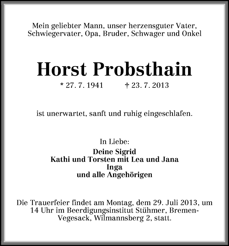 Traueranzeige von Horst Probsthain von WESER-KURIER