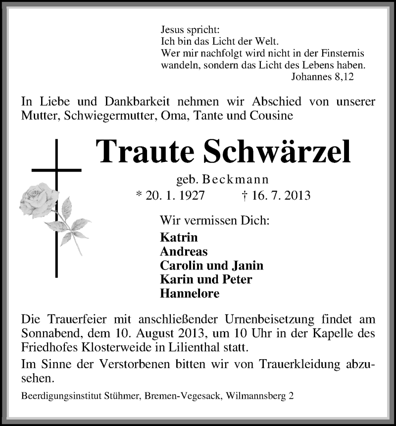 Traueranzeige von Traute Schwärzel von WESER-KURIER