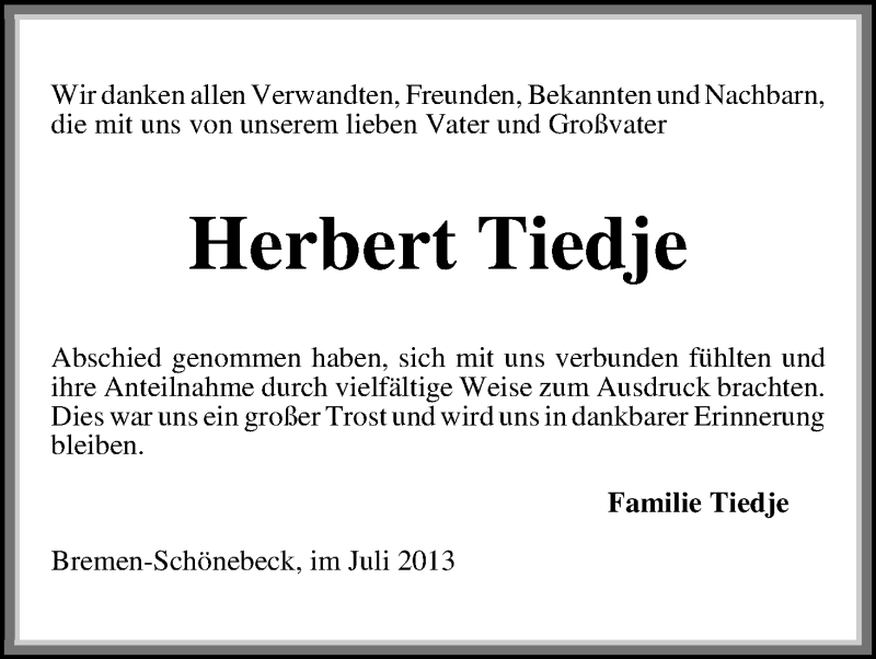 Traueranzeige von Herbert Tiedje von WESER-KURIER