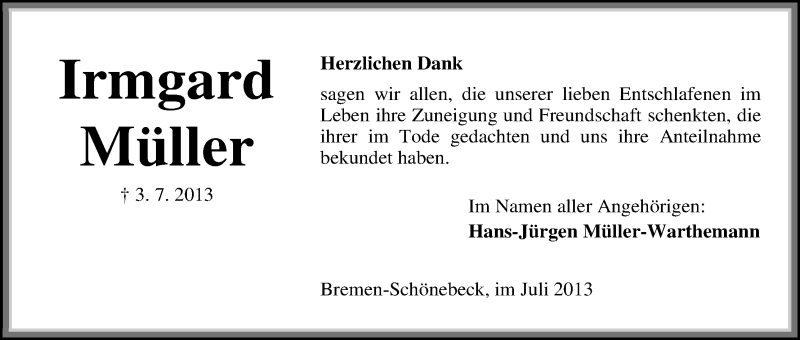 Traueranzeige von Irmgard Müller von WESER-KURIER