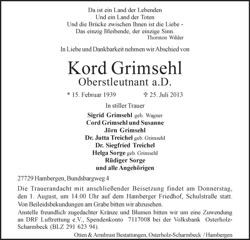 Traueranzeige von Kord Grimsehl von WESER-KURIER