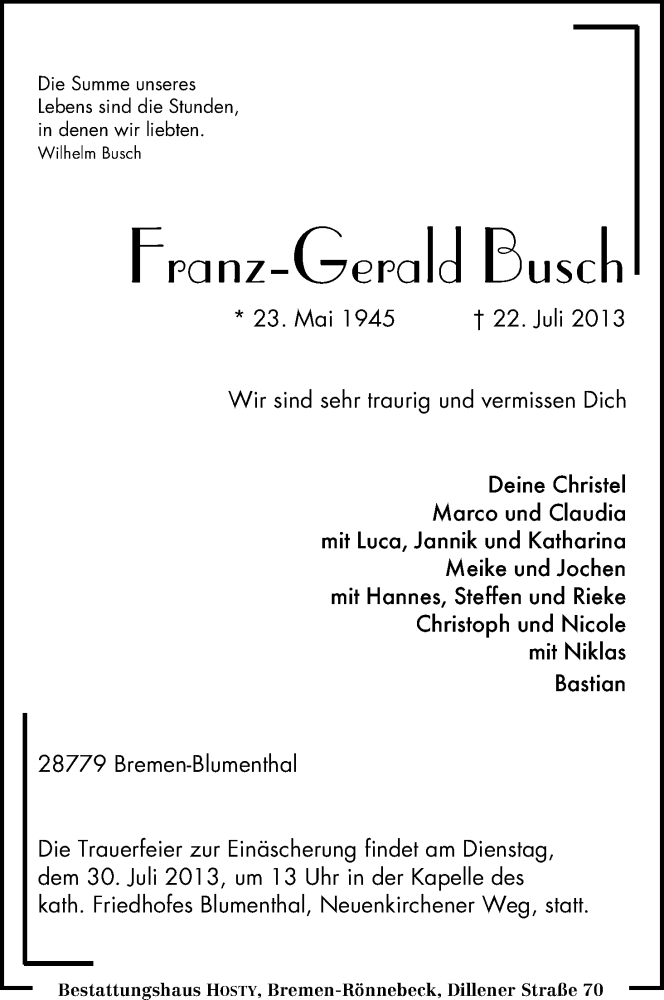 Traueranzeige von Franz-Gerald Busch von WESER-KURIER