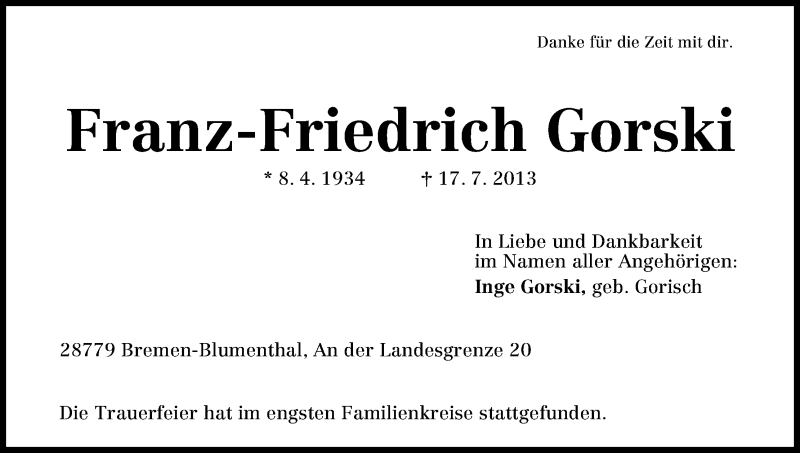 Traueranzeige von Franz-Friedrich Gorski von WESER-KURIER