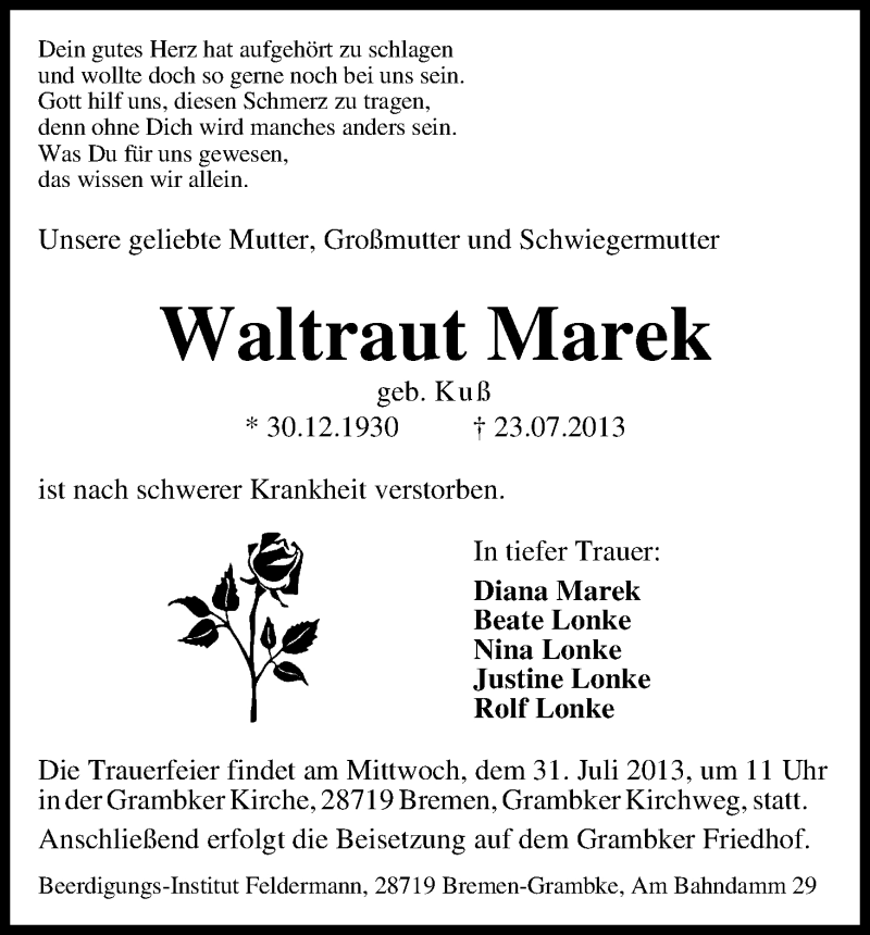 Traueranzeige von Waltraut Marek von WESER-KURIER