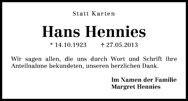 Traueranzeige von Hans Hennies von WESER-KURIER