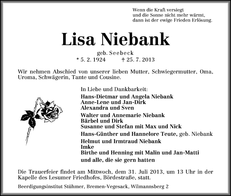 Traueranzeige von Lisa Niebank von WESER-KURIER