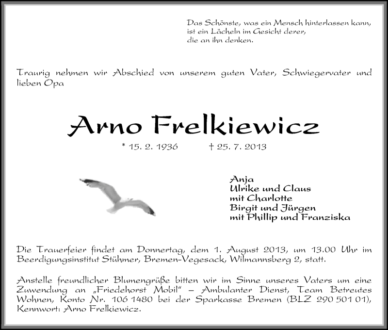 Traueranzeige von Arno Frelkiewicz von WESER-KURIER