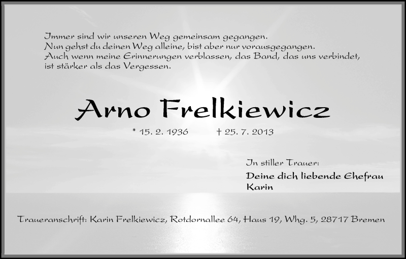 Traueranzeige von Arno Frelkiewicz von WESER-KURIER
