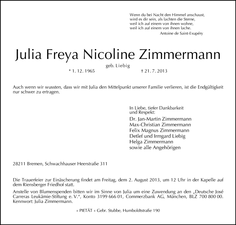 Traueranzeige von Julia Freya Nicoline Zimmermann von WESER-KURIER