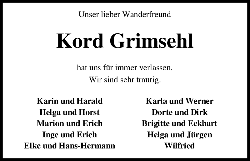Traueranzeige von Kord Grimsehl von WESER-KURIER