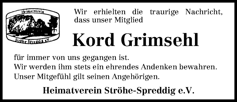 Traueranzeige von Kord Grimsehl von WESER-KURIER