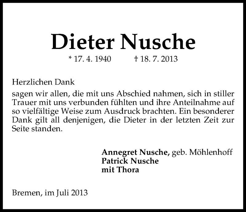 Traueranzeige von Dieter Nusche von WESER-KURIER