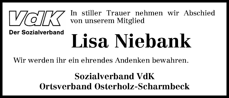 Traueranzeige von Lisa Niebank von WESER-KURIER