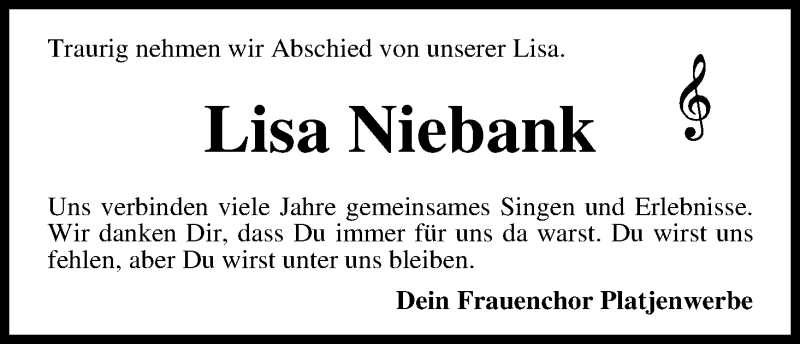 Traueranzeige von Lisa Niebank von WESER-KURIER