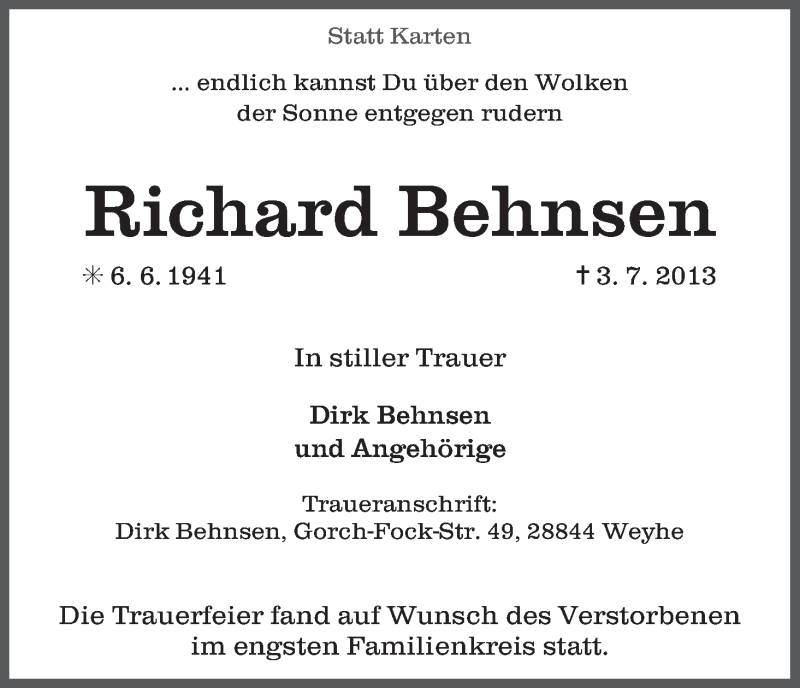 Traueranzeige von Richard Behnsen von WESER-KURIER