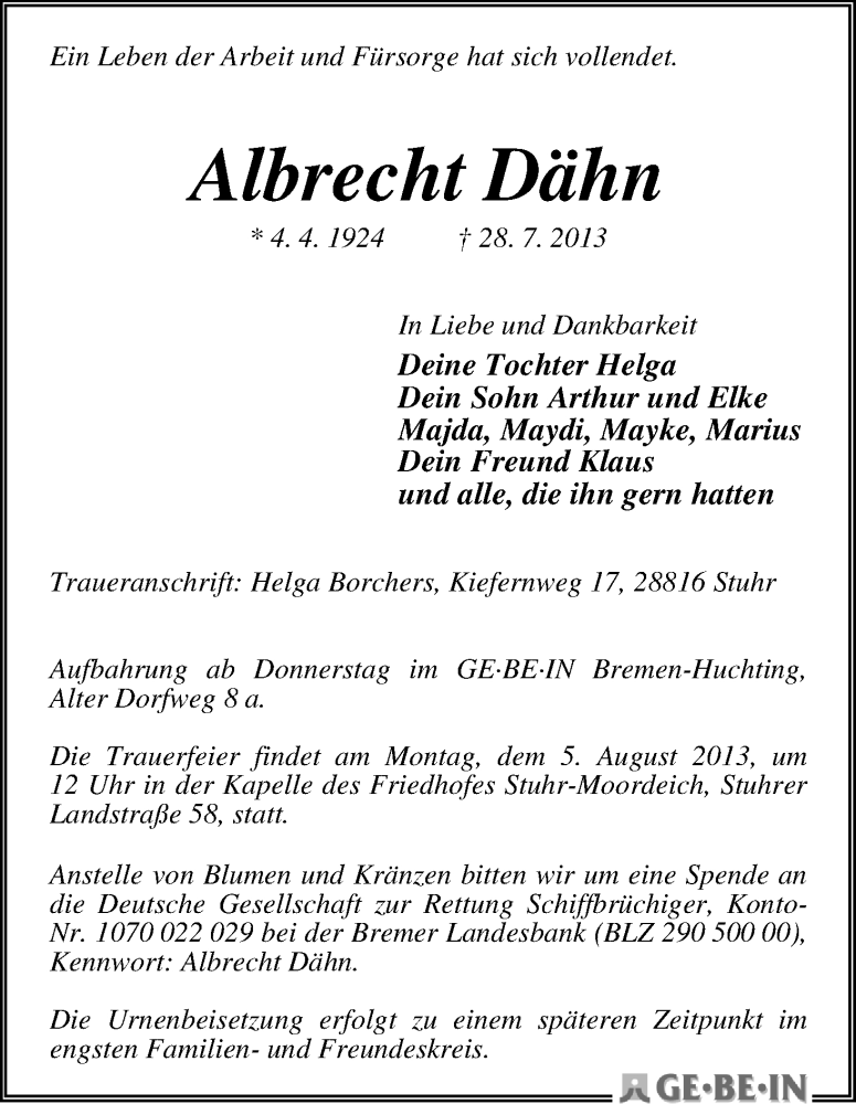 Traueranzeige von Albrecht Dähn von WESER-KURIER
